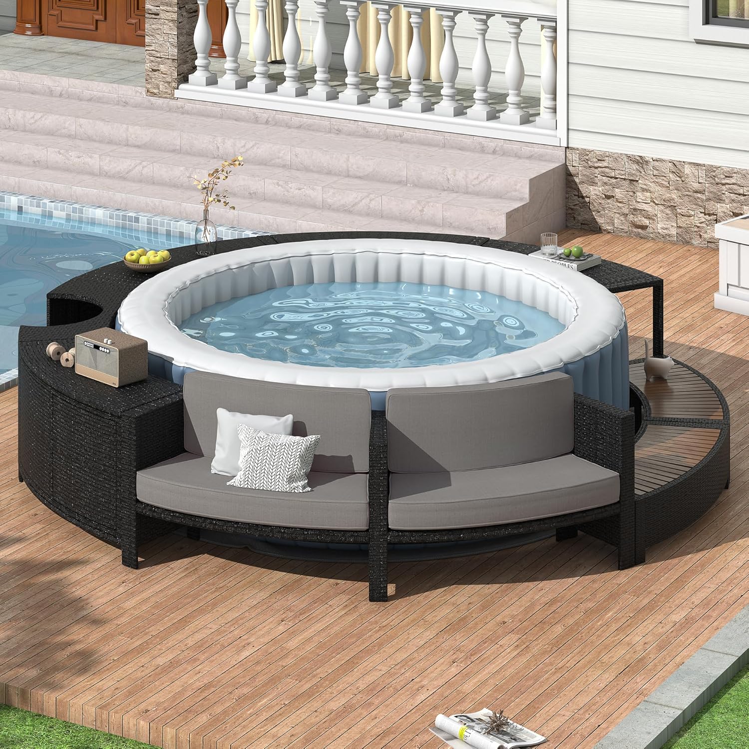 Outdoor Furniture With Storage For Cushions - ชุดโซฟาหวายสำหรับลานบ้าน พร้อมที่เก็บของและเบาะรองนั่ง สำหรับสวนหลังบ้าน สีเทา ปรับแต่งได้