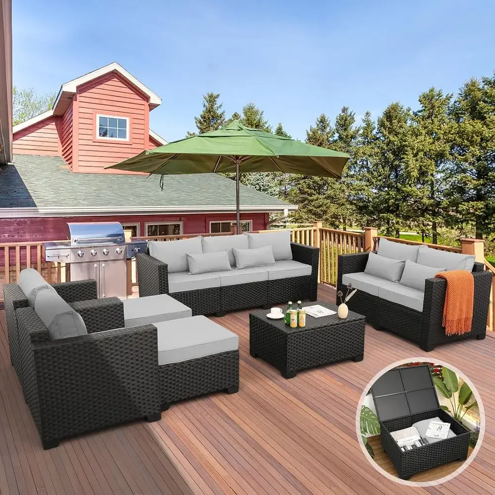Outdoor Furniture With Storage For Cushions - ชุดเฟอร์นิเจอร์กลางแจ้งแบบ 7 ชิ้น พร้อมโต๊ะเก็บของและเบาะรองนั่งสีเทาอ่อน