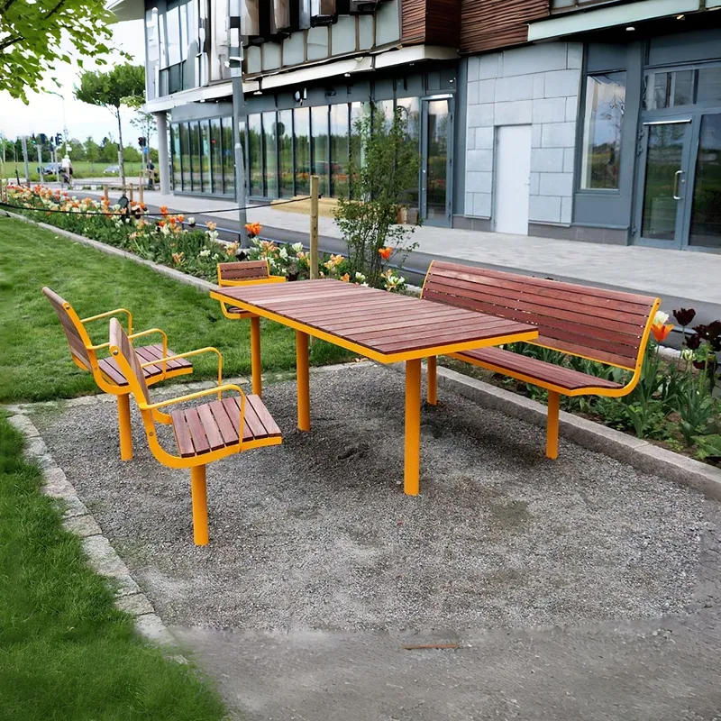 Outdoor Furniture Yellow - ชุดโต๊ะและเก้าอี้ไม้สำหรับสวนสาธารณะกลางแจ้ง ชุดเฟอร์นิเจอร์ไม้สำหรับพักผ่อน สีเหลือง ทนทานต่อการผุกร่อน