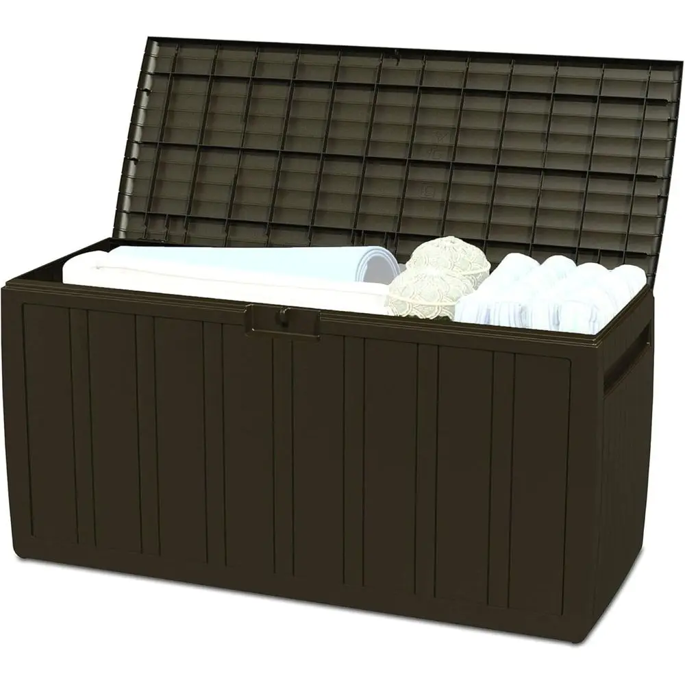 Outdoor Furniture With Storage For Cushions - กล่องเก็บของกลางแจ้งสีน้ำตาลขนาด 71 แกลลอน สำหรับกล่องเก็บของบนระเบียง เฟอร์นิเจอร์นอกบ้าน เบาะรองนั่ง
