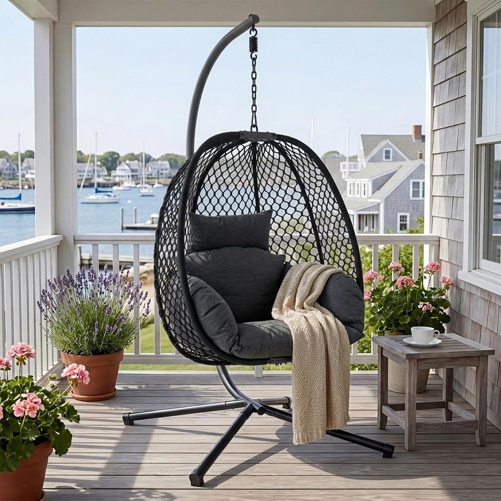 Hanging Egg Chair - เก้าอี้ไข่แบบแขวนกลางแจ้งพร้อมขาตั้ง รับน้ำหนักได้ 400 ปอนด์ เก้าอี้หวายแบบแกว่ง เก้าอี้โยกสำหรับระเบียงพร้อมเบาะหนานุ่ม