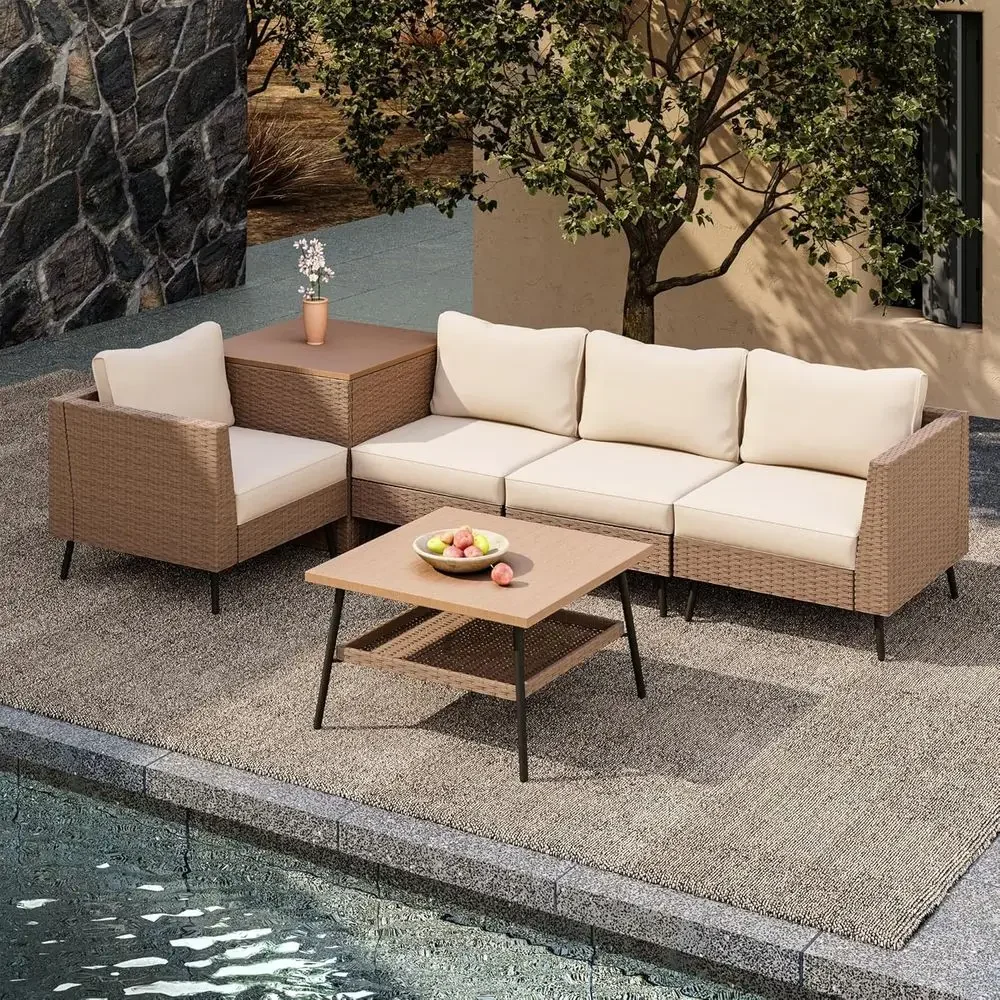 Outdoor Furniture With Storage For Cushions - ชุดเฟอร์นิเจอร์ลานกลางแจ้ง 6 ชิ้น ชุดโซฟาหวายพร้อมเบาะรองนั่งและที่เก็บของ