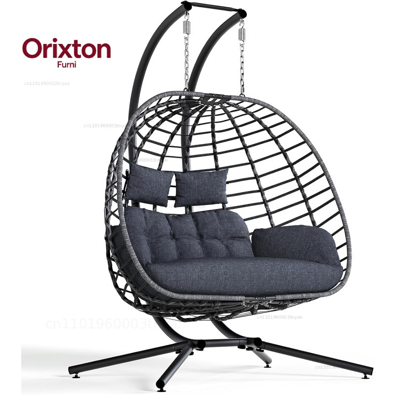 Hanging Egg Chair - เก้าอี้ชิงช้าไข่คู่พร้อมขาตั้ง, เก้าอี้แขวนหวายสำหรับ 2 คนพร้อมเบาะรองนั่งสำหรับใช้ในห้องนอนหรือกลางแจ้ง