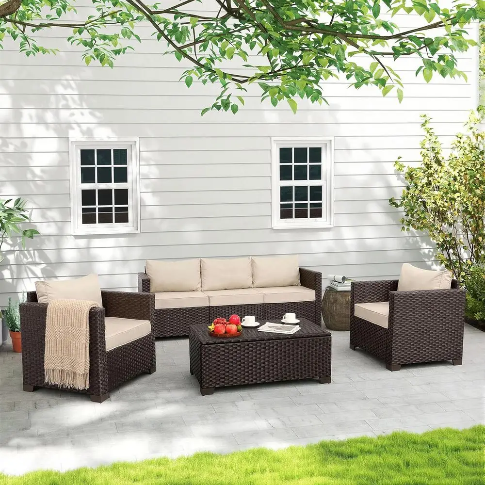 Outdoor Furniture With Storage For Cushions - ชุดเฟอร์นิเจอร์ลานกลางแจ้ง 4 ชิ้น พร้อมที่เก็บของ หมอนอิงสีคาคี และผ้าคลุมกันน้ำ