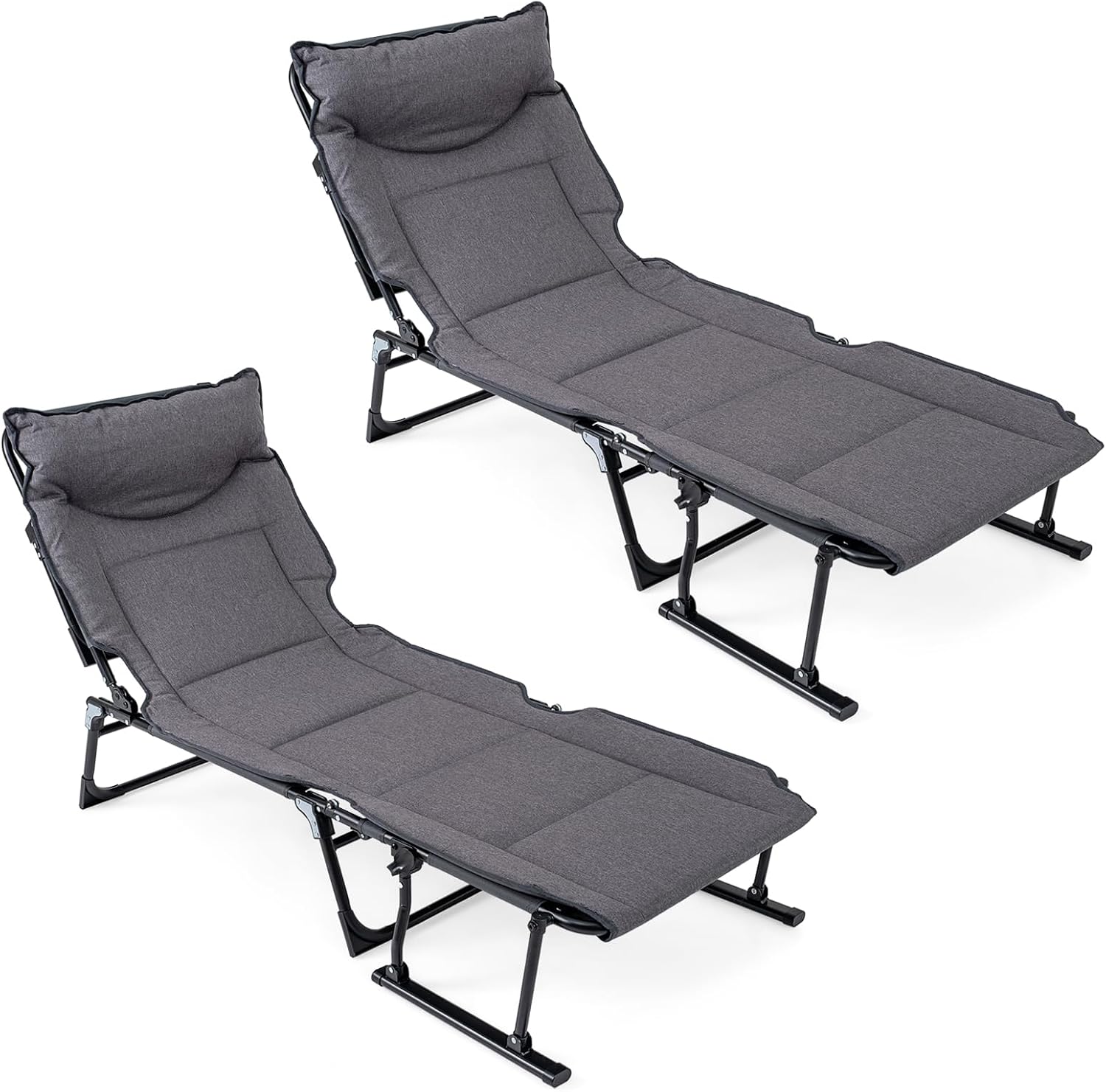 Camping Cot Foldable - ชุดเก้าอี้พักผ่อนพับได้สำหรับลานบ้าน 2 ตัว ปรับเอนนอนได้ พร้อมเบาะรองนั่ง ที่วางแขน
