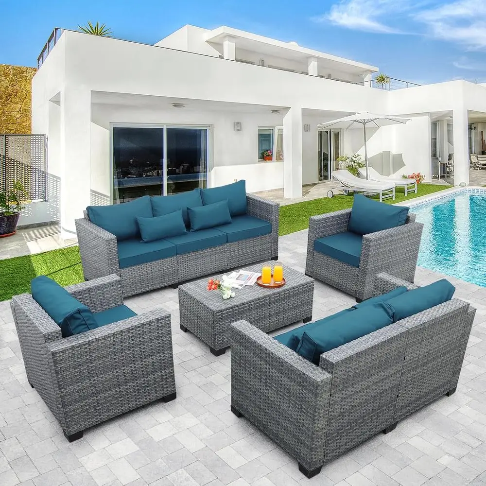 Outdoor Furniture With Storage For Cushions - ชุดเฟอร์นิเจอร์หวายกลางแจ้ง 5 ชิ้น พร้อมโซฟาแบบแยกส่วน โต๊ะเก็บของ และเบาะรองนั่งสีน้ำเงิน