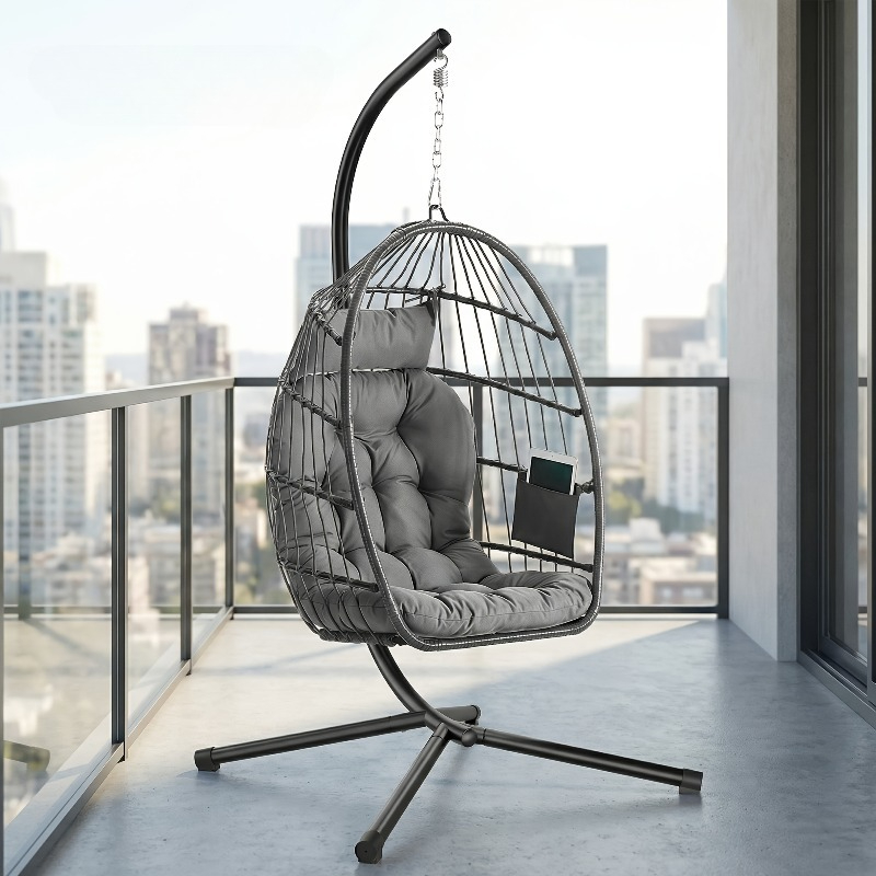 Hanging Egg Chair - เก้าอี้แขวนทรงไข่พร้อมขาตั้ง – ตะกร้าพับเก็บได้ ถอดออกได้ เก้าอี้แกว่งปรับระดับความสูงได้ พร้อมกระเป๋าและเบาะรองนั่ง