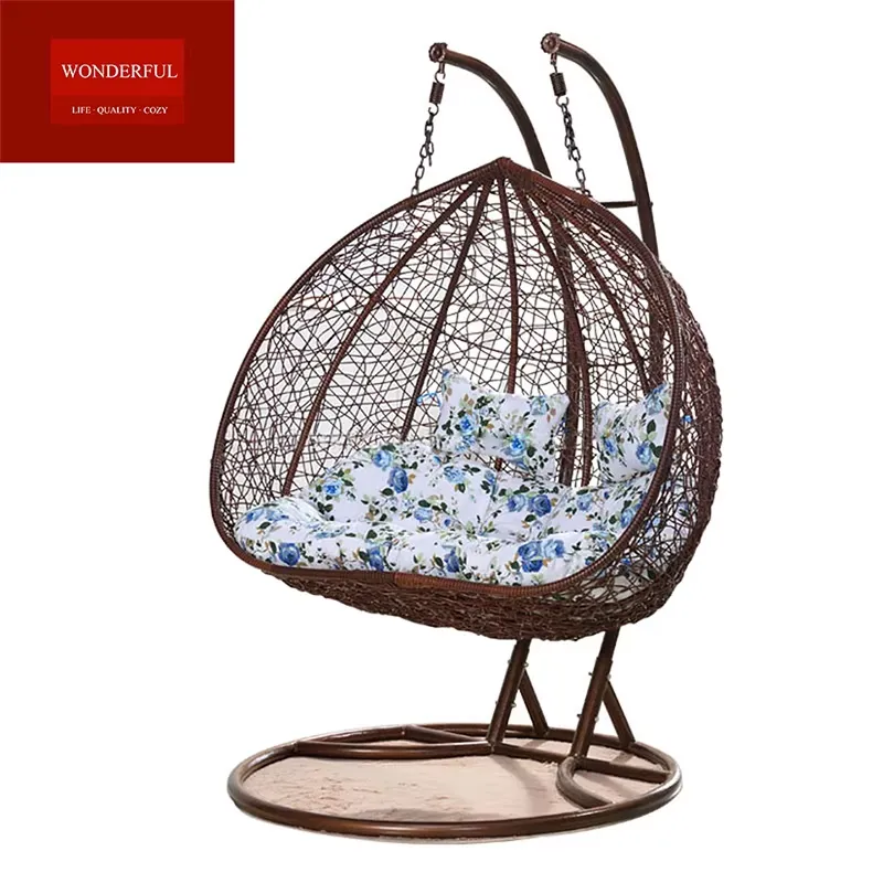 Hanging Egg Chair - เก้าอี้แขวนทรงไข่หวายสองที่นั่งยอดนิยมสำหรับห้องนั่งเล่น พร้อมเบาะนุ่มสบาย