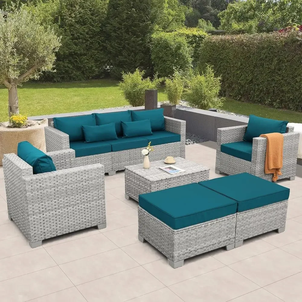 Outdoor Furniture With Storage For Cushions - ชุดเฟอร์นิเจอร์ลานกลางแจ้งหวายสีเทา 6 ชิ้น พร้อมเบาะรองนั่งสีฟ้าพีค็อกและโต๊ะกาแฟพร้อมที่เก็บของ