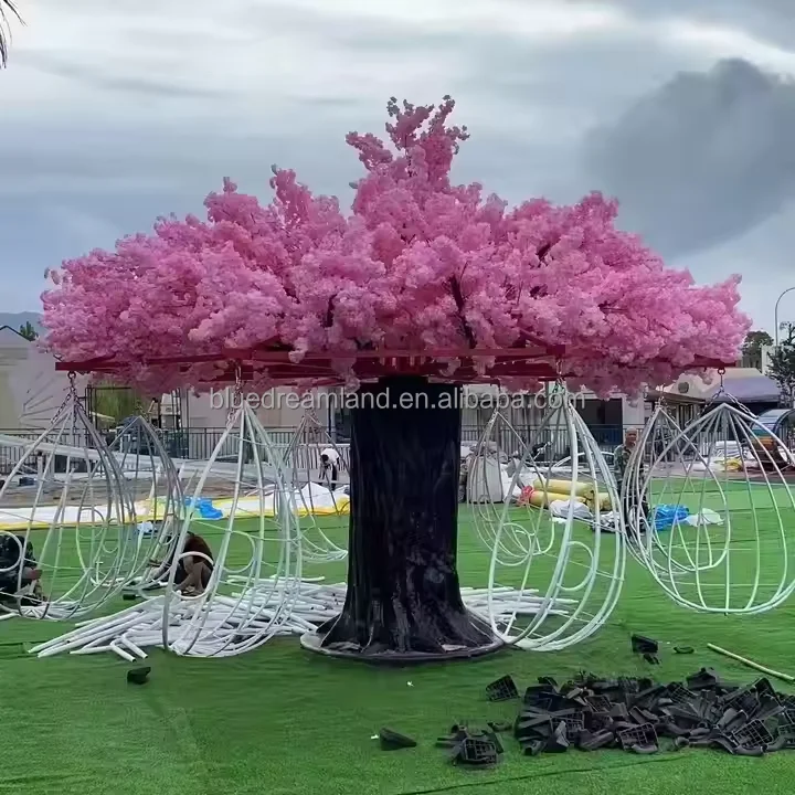 Garden Swing Chair - โรงงานผลิตเก้าอี้ชิงช้ารูปต้นซากุระประดิษฐ์สำหรับสวนกลางแจ้งแบบกำหนดเอง 8 ที่นั่ง หมุนได้แบบม้าหมุน