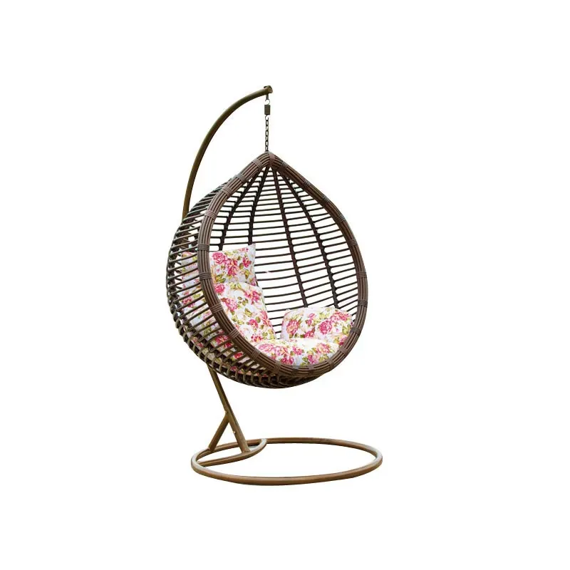 Hanging Egg Chair - เก้าอี้แขวนรูปทรงไข่สำหรับกลางแจ้ง ดีไซน์ทันสมัย พร้อมขาตั้ง วัสดุหวายสีชมพู เหมาะสำหรับโรงแรมและอพาร์ตเมนต์