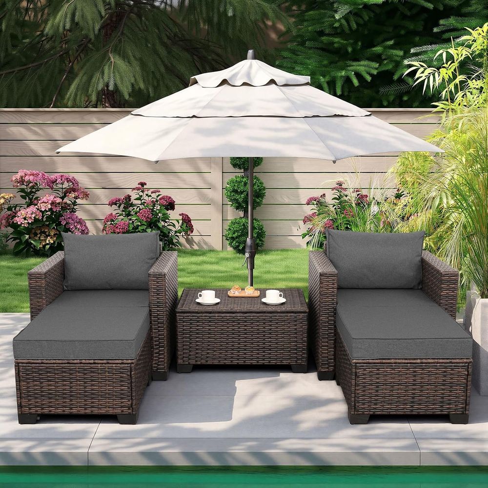 Outdoor Furniture With Storage For Cushions - ชุดเฟอร์นิเจอร์หวายกลางแจ้ง HDPE 5 ชิ้น พร้อมเก้าอี้นอน เก้าอี้เก็บของ
