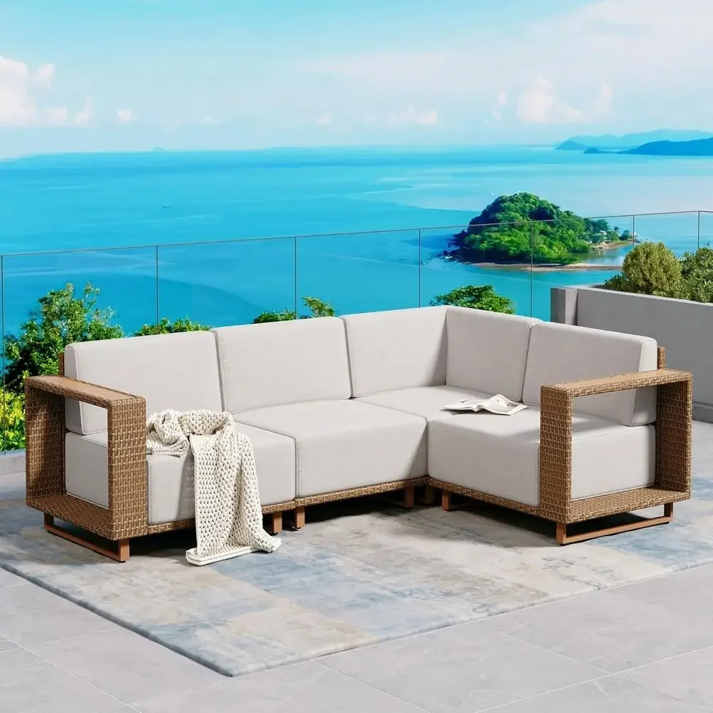 Outdoor Furniture Yellow - โซฟากลางแจ้งรูปตัว L พร้อมเบาะหนานุ่ม ชุดเฟอร์นิเจอร์หวายสีเหลืองสำหรับสนามหญ้าและสวน