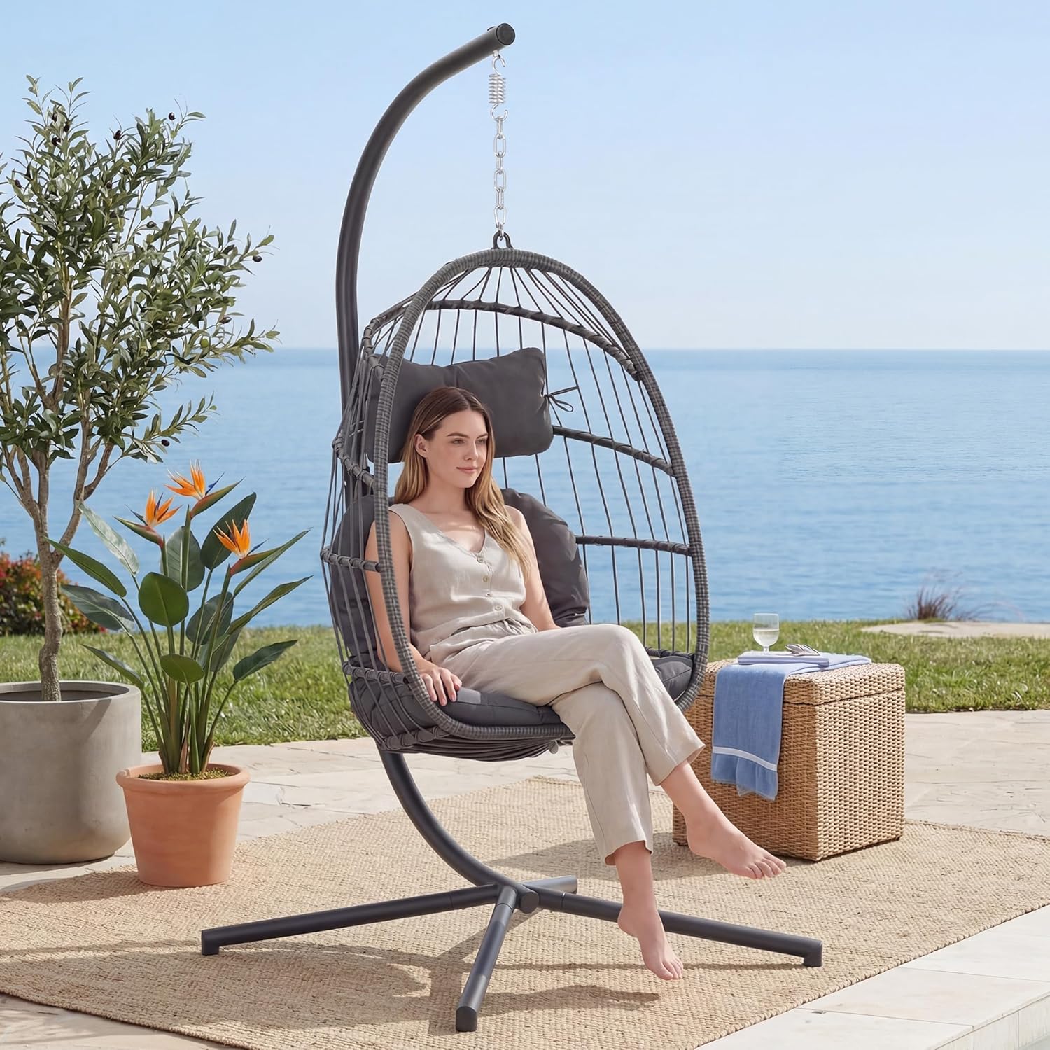 Hanging Egg Chair - เก้าอี้แขวนทรงไข่สำหรับใช้ในร่มและกลางแจ้งพร้อมขาตั้ง สีเทาชาร์โคล