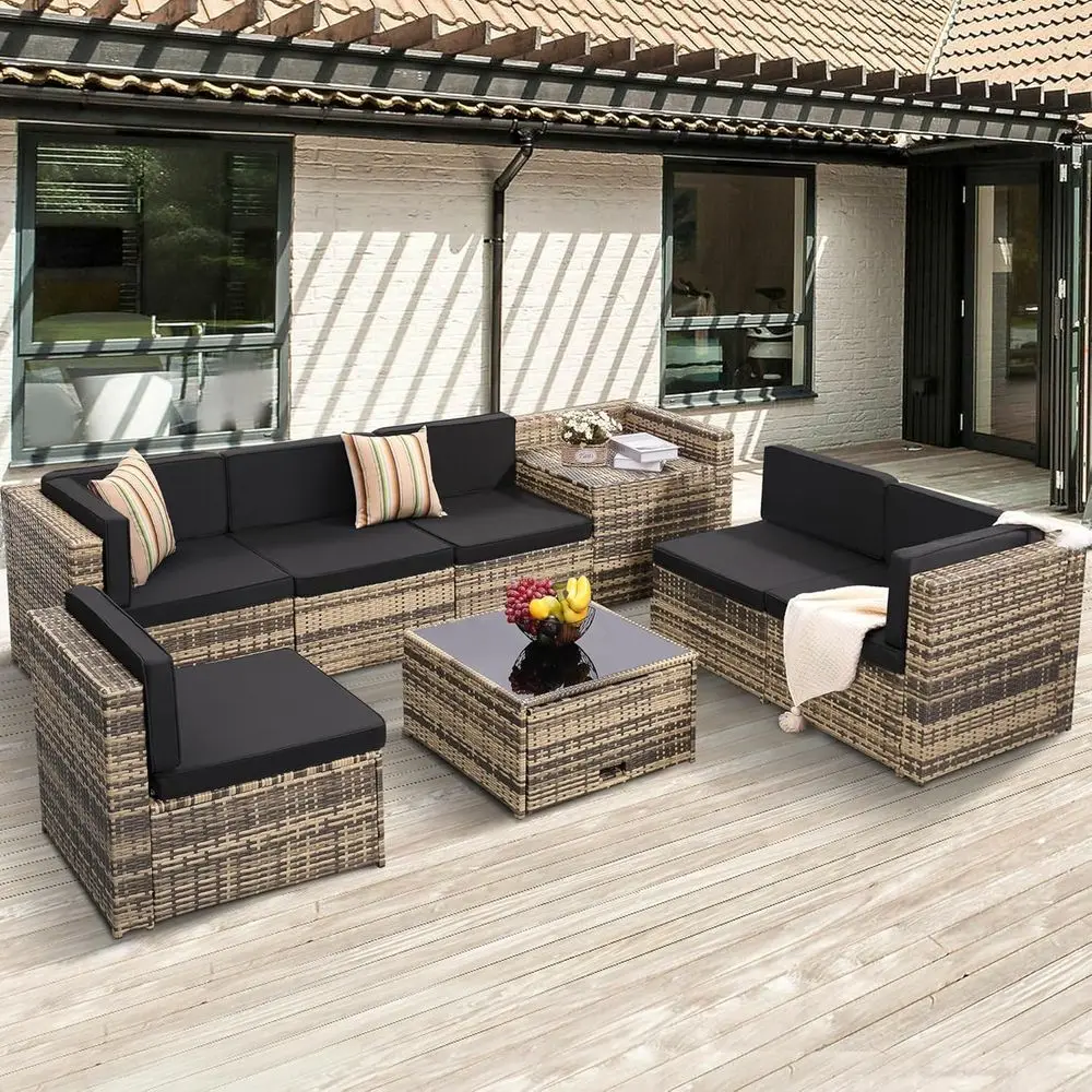 Outdoor Furniture With Storage For Cushions - ชุดเฟอร์นิเจอร์กลางแจ้งแบบหวาย 8 ชิ้น พร้อมเบาะรองนั่งและโต๊ะกระจกพร้อมที่เก็บของ