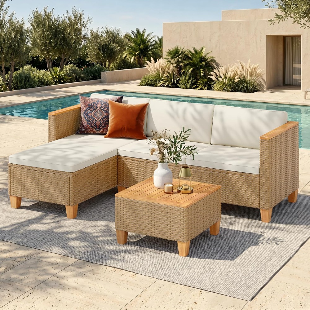Outdoor Furniture Yellow - ชุดโซฟาหวายขนาดเล็ก 3 ชิ้น สำหรับพื้นที่กลางแจ้ง สีเหลือง แบบประกอบเองได้