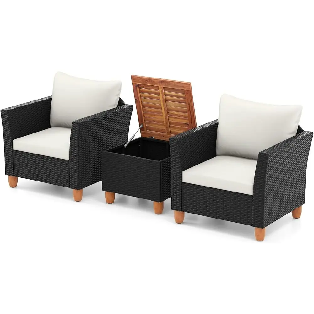 Outdoor Furniture With Storage For Cushions - ชุดเฟอร์นิเจอร์กลางแจ้ง 3 ชิ้น พร้อมเบาะรองนั่งและโต๊ะเก็บของ เก้าอี้บิสโทรไม้กระถินสีขาวสำหรับสวนหรือริมสระน้ำ