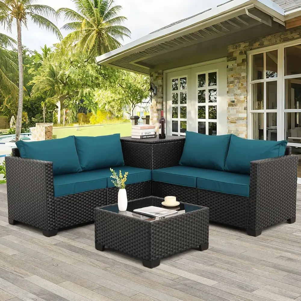 Outdoor Furniture With Storage For Cushions - ชุดเฟอร์นิเจอร์กลางแจ้ง 4 ชิ้น: โซฟาหวายสีดำพร้อมที่เก็บของและโต๊ะกระจก, หมอนอิงสีฟ้าพีค็อก