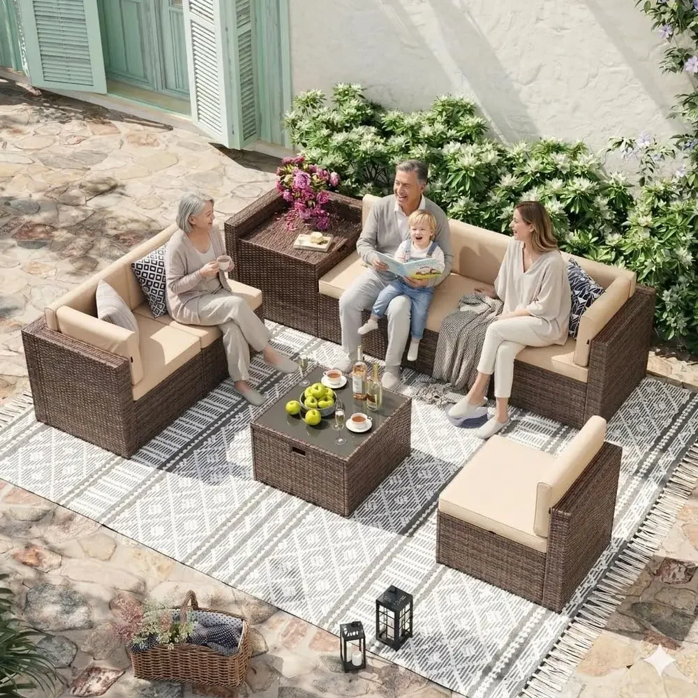 Outdoor Furniture With Storage For Cushions - ชุดเฟอร์นิเจอร์กลางแจ้งหวาย 8 ชิ้น พร้อมที่เก็บของ ชุดโซฟาสำหรับลานบ้านแบบแยกส่วน เบาะรองนั่งหนา