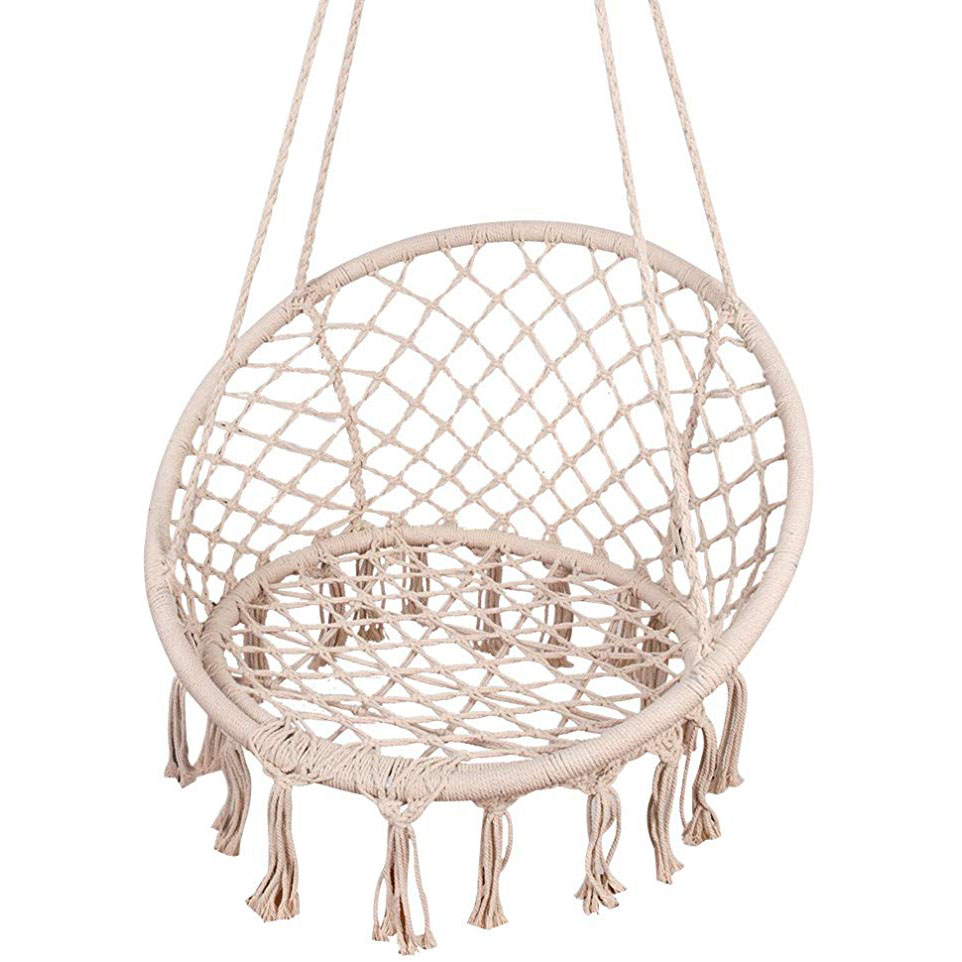Garden Swing Chair - เก้าอี้เปลญวนเชือกฝ้ายสีขาวพร้อมชุดแขวนสำหรับใช้ในร่ม ระเบียง ลานบ้าน สวน สำหรับอ่านหนังสือ พักผ่อน