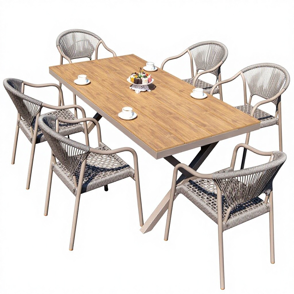 Outdoor Furniture Shop - # ชุดเฟอร์นิเจอร์หวาย PE สำหรับกลางแจ้ง ชุดโต๊ะและเก้าอี้รับประทานอาหารสำหรับลานบ้าน พร้อมเบาะกันน้ำ