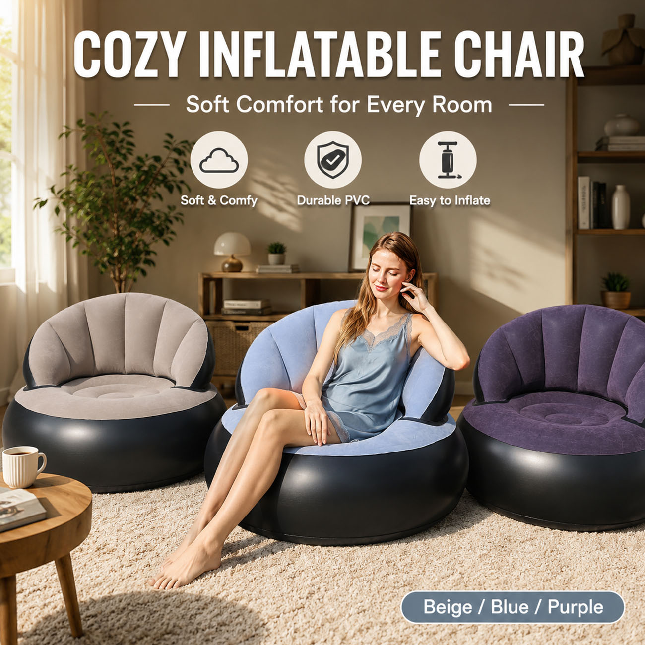 Outdoor Furniture Arhaus - เก้าอี้เป่าลมสำหรับผู้ใหญ่, เก้าอี้นั่งสบายแบบมีขนกำมะหยี่, โซฟาเป่าลมพกพาสะดวกตามหลักสรีรศาสตร์สำหรับการสังสรรค์ในครอบครัว, งานปาร์ตี้
